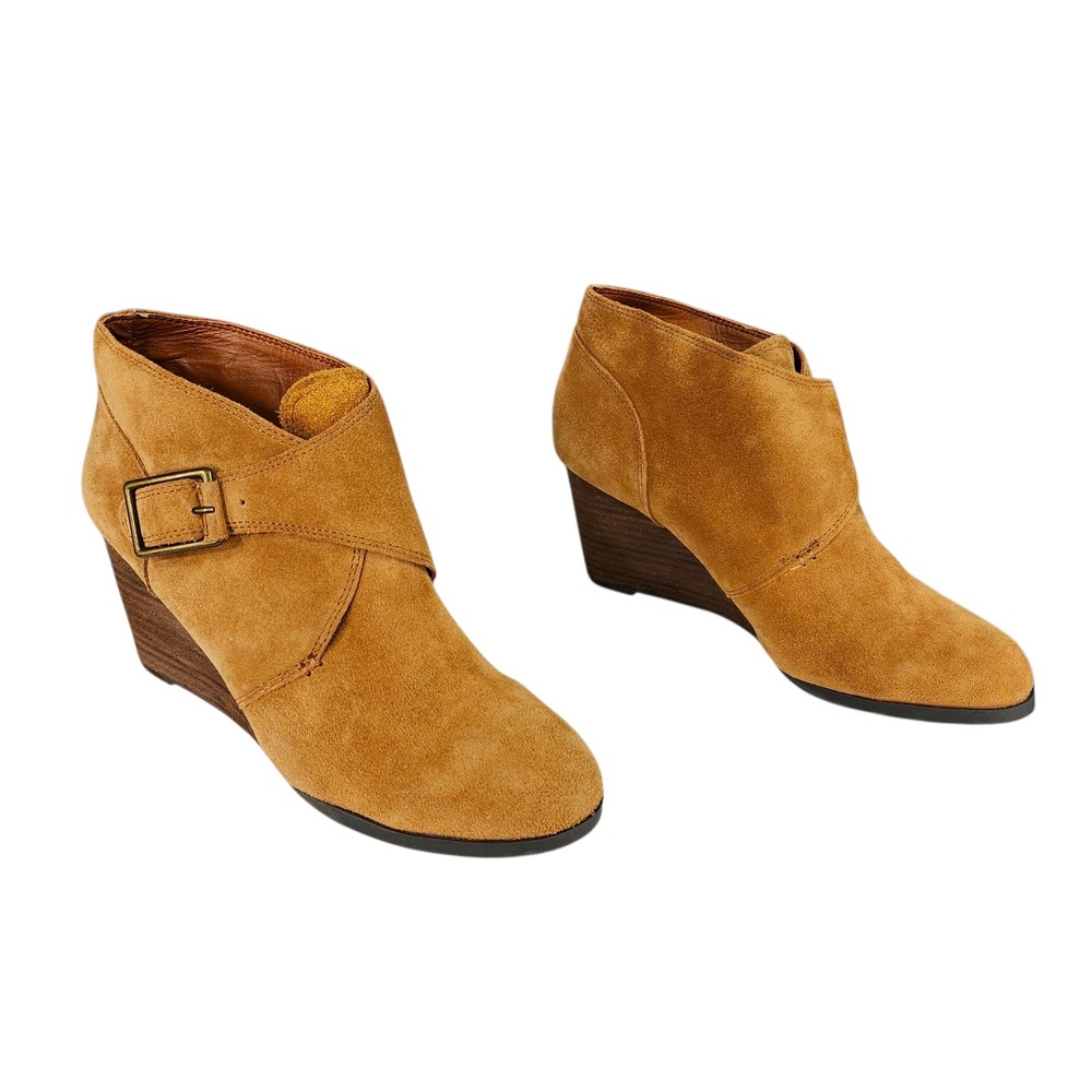 Lucky Brand Wedge Heel Bootie sz 9B Women‎ Sumarah Suede Leather Cognac Brown